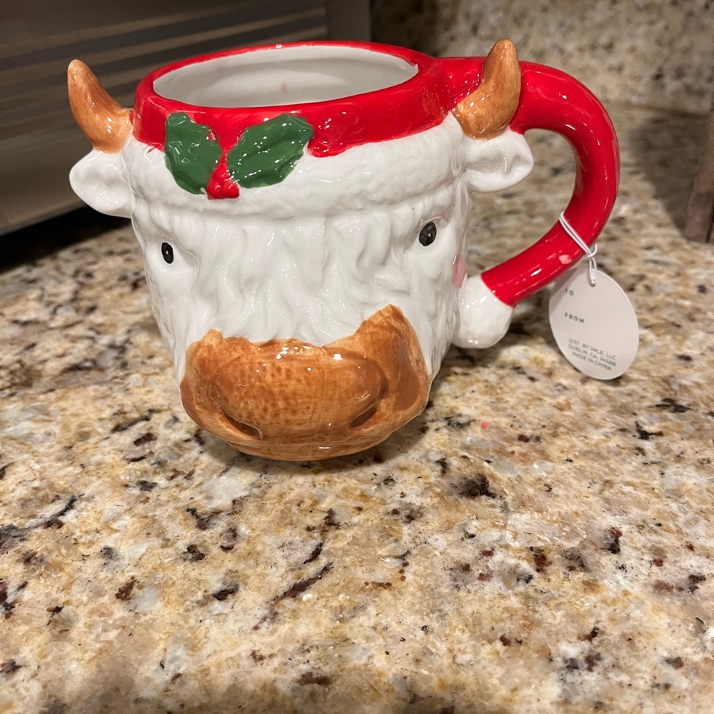 Christmas Bull Highland Cow Mug with Red Handle